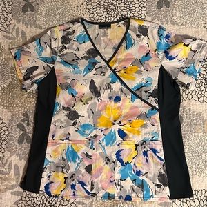 NEW Cherokee XL floral watercolor & pewter flexibles printed scrub top X-large
